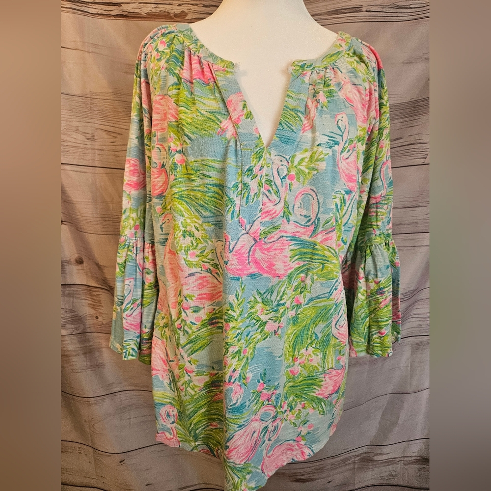 Lilly Pulitzer Pink & Aqua Flamingo Print Blouse